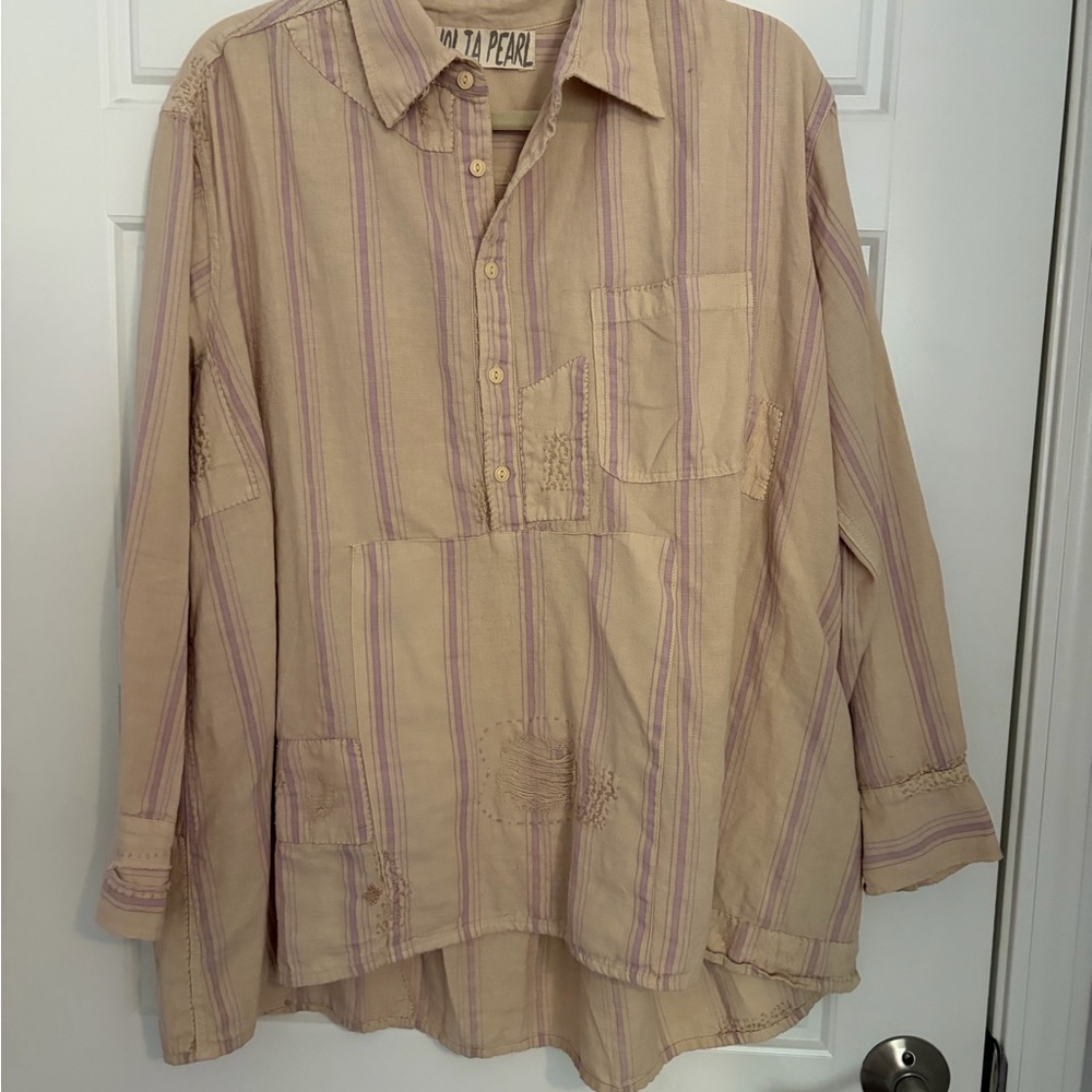 Magnolia Pearl Beige and Lavender Striped Blouse
